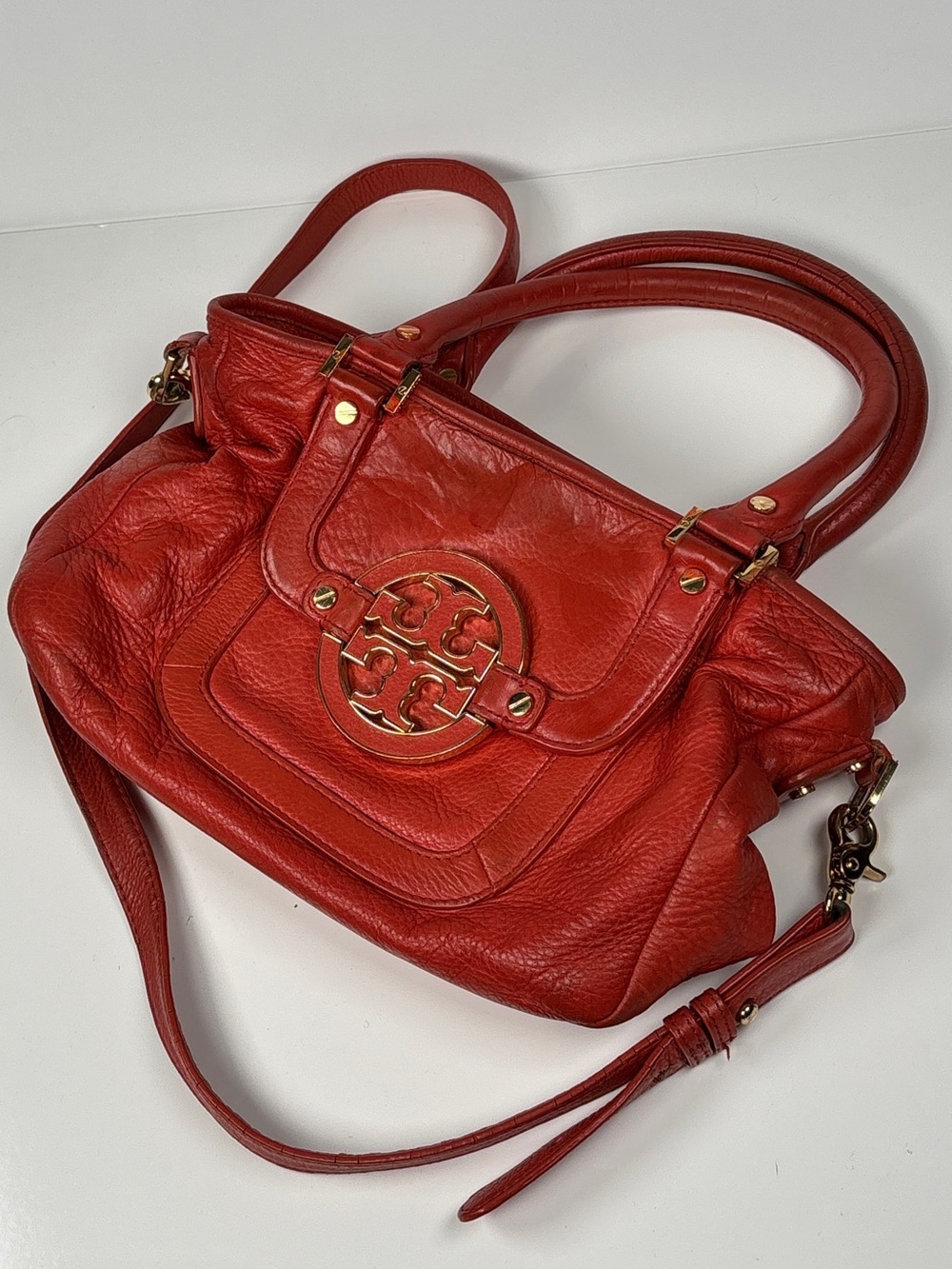 Tory burch Red Orange Amanda - Leather Shoulder Tote Bag with Gold Accents. - Picture 10 of 13